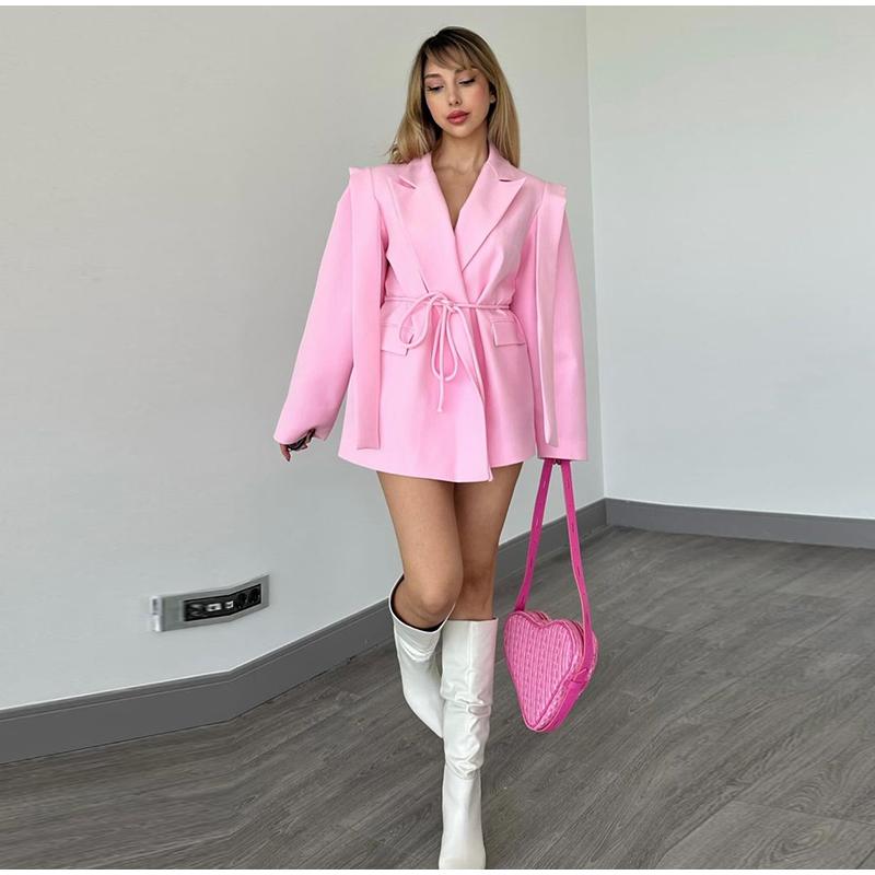 Модный полосатый пиджак с лацканами для женщин, элегантный свободный пиджак с поясом, женская весенняя универсальная шикарная уличная одежда