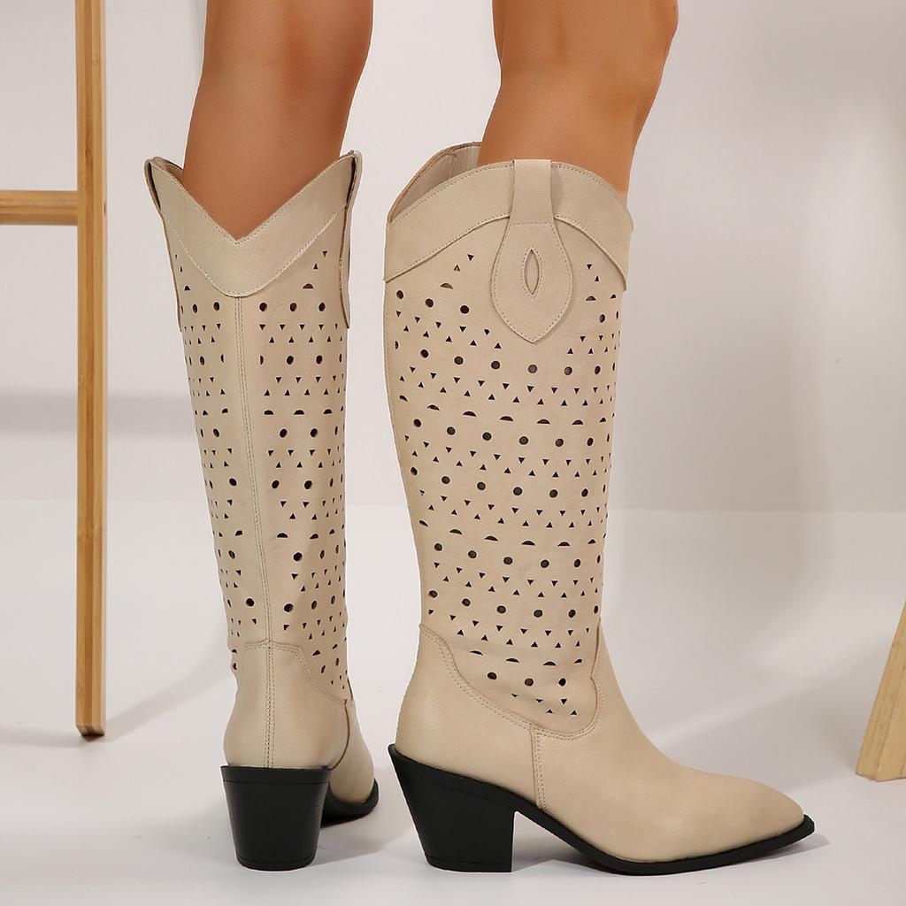 Fashion 2024 Women's Hollow Round Toe Slip-on Flat Shoes Summer Mid-calf Boots Thick Mid-Heel Women's Boots