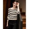 Demana Women's Lamb Wool Blend Ruffled Collar Puff Sleeve Striped Knit Top