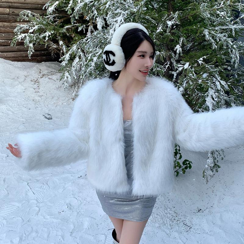 Осенне-зимние теплые пальто из лисьего меха с длинным рукавом, женские винтажные элегантные свободные куртки с круглым вырезом, женские однотонные повседневные женские куртки верхней одежды 25519