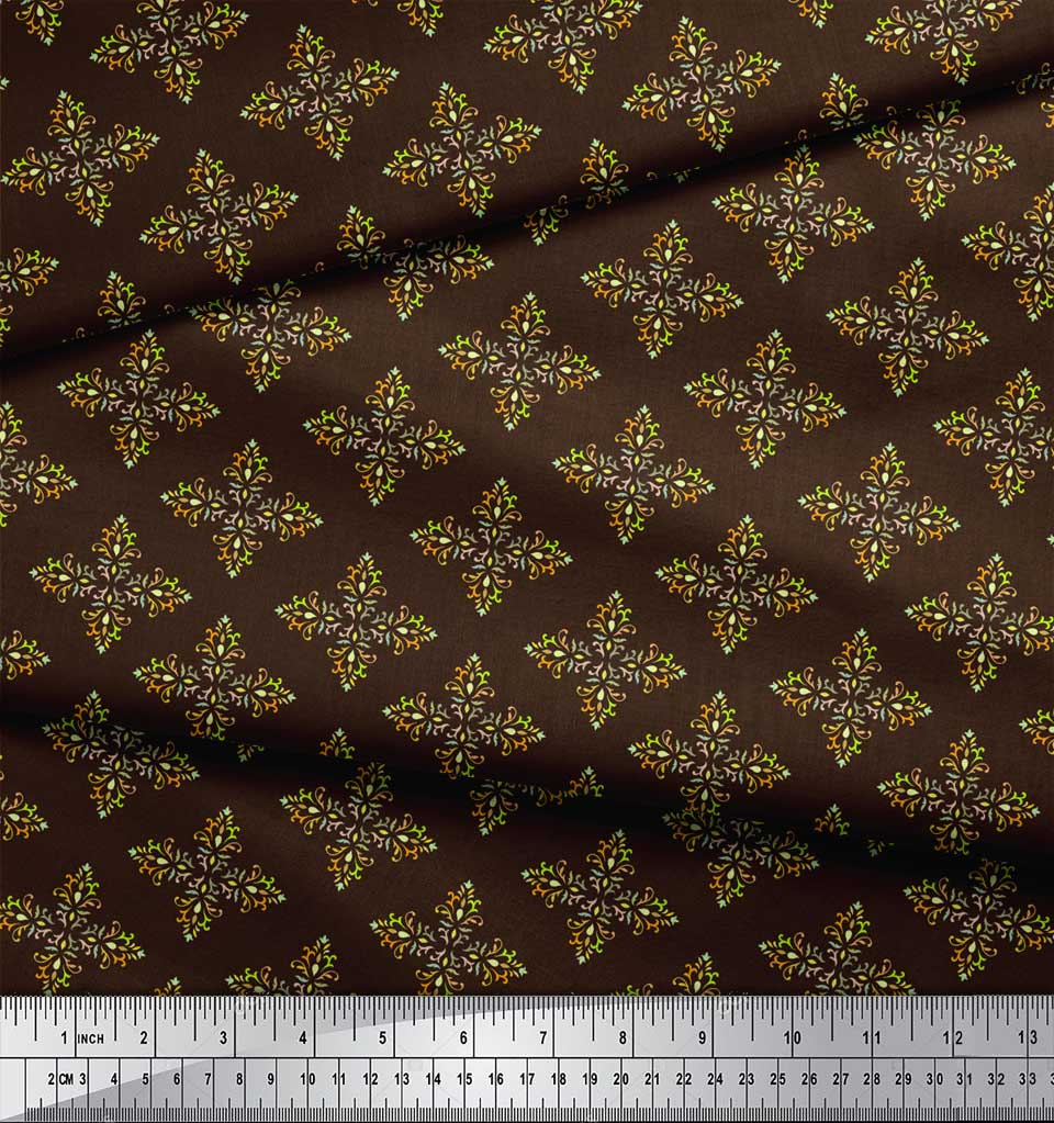 Soimoi Коричневая японская креп-атласная ткань с художественным цветочным дамасским принтом, ткань по метрам 42 дюйма