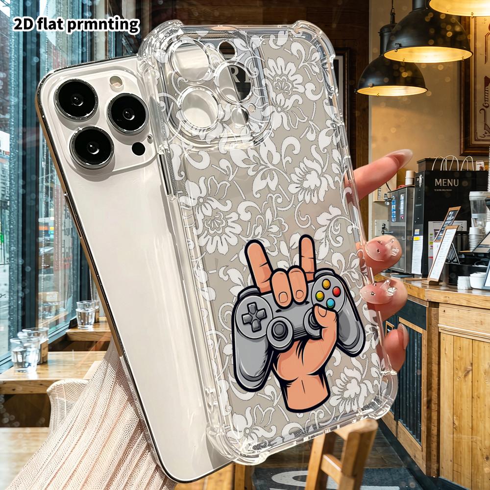 Phone Case: 2D flat suitable for iPhone 18 17 16 15 14 13 Pro, transparent four corner protective case, rock hand gesture, Christmas and Halloween gif