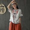 Cotton and Linen Embroidered T-shirt Summer New Retro Literary Loose Versatile Pullover Red Top Women