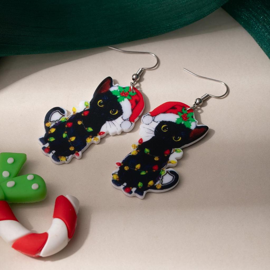 European & American Style Cute Kitten Christmas Earrings: Colorful Hat & Lights Acrylic Dangle Earrings
