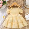 Girls Yellow Dress Flower Sleeve Spliced Cake Skirt Baby Girl 2 3 4 5 6 7-year-old Princess Dress for Children Clothes
