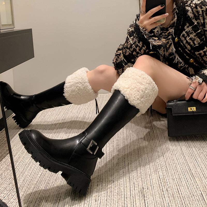 Leather Brown Thick-Soled High Tube Long Tube Cold-Resistant Leather Surface And Knee Long Snow Boots Women'S Winter Fleece Thickened Boots