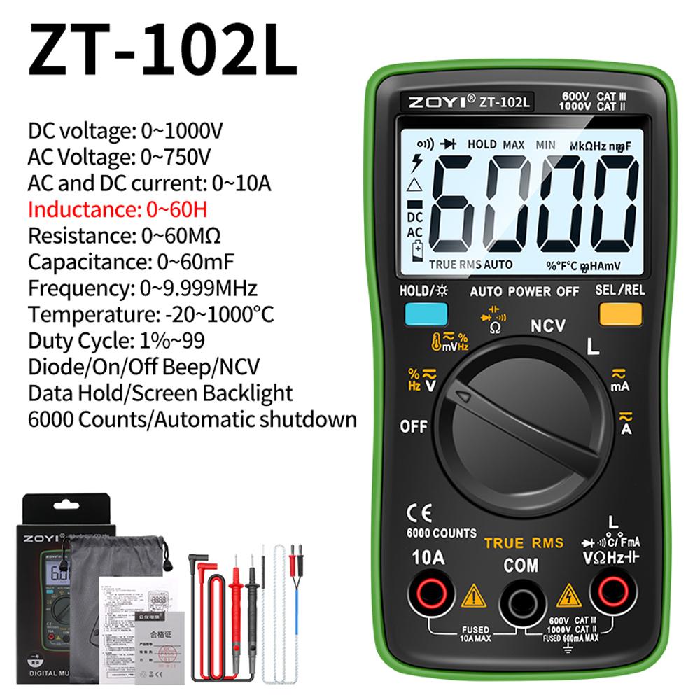 ZOYI ZT102L Digital Multimeter 6000 Counts Auto Range Backlight AC/DC Ammeter Volt Ohm Tester Portable Meter Multimeter
