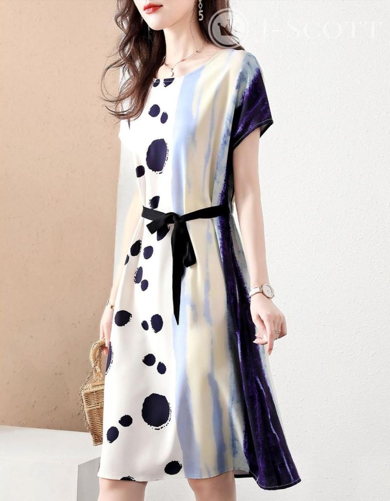 Платье с рисунком в виде арт-образца, с талией средней длины, эластичное, в горошек, среднее, повседневное, легкое, французское, длинное, свободное, с поясом, с рисунком, хорошо, круто, выглядит, аккуратно [J-Scott]