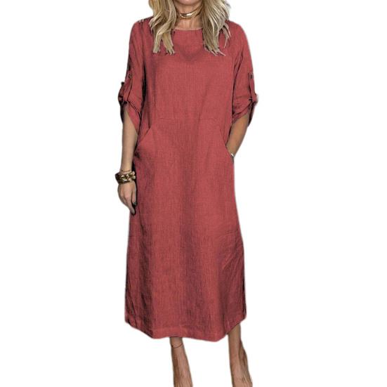 Fall Spring Women Dress Short Sleeve with Cufflink Round Neck Solid Color Loose Big Pocket Commute Daily Wear Midi Dress