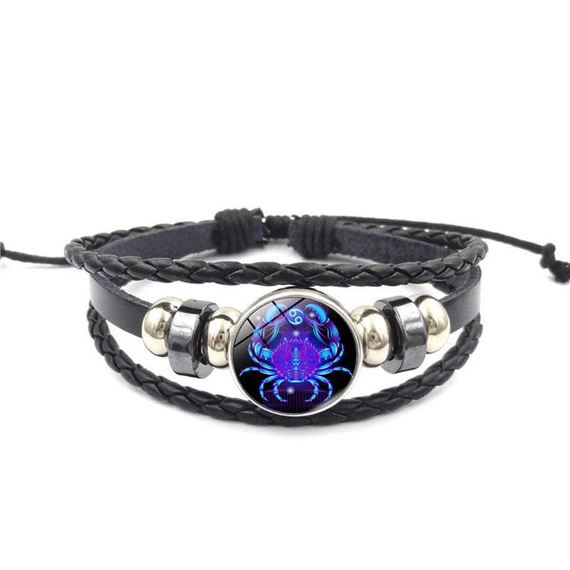 Unisex Snap Bracelet Weaving Fashion 12 Constellation Bead Leather Charm Couple Bangles Gifts