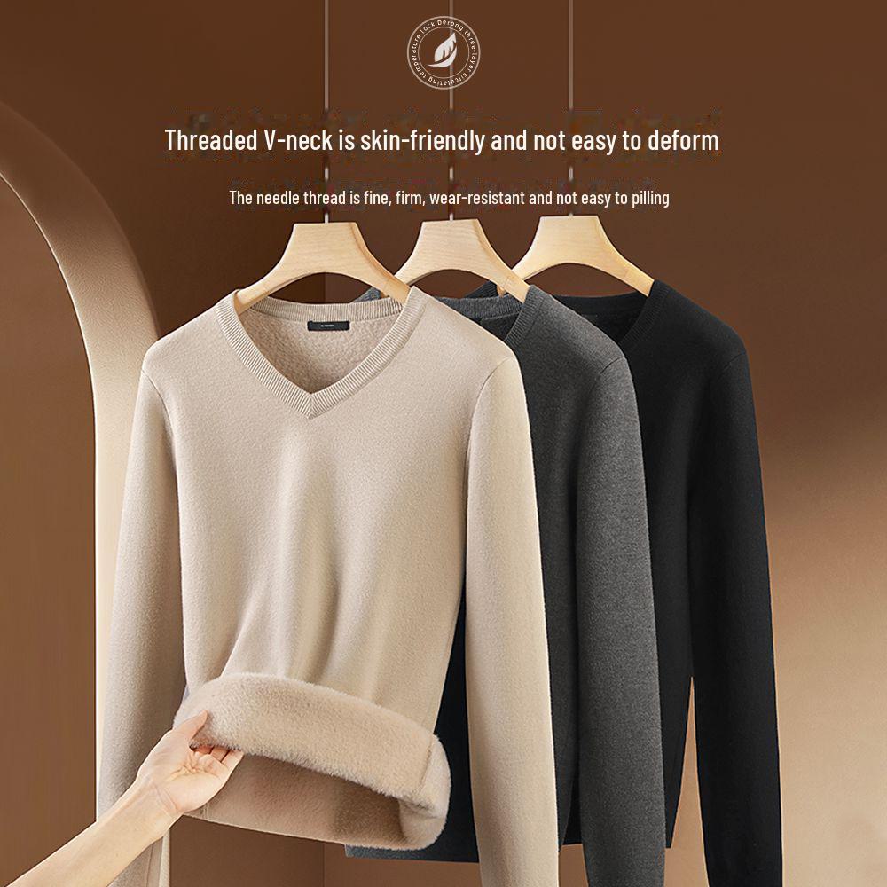 Мужской бархатный свитер с V-образным вырезом: Теплый, утолщенный трикотаж для осени/зимы 2025 г.