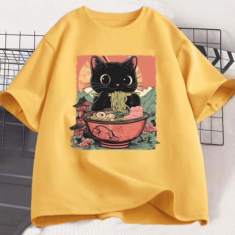 Cute Black Cat Eating RaUnisex TShirt Unisex WOMEN Adorable Graphic Tee Shirt Foodie and Cat Lover Tshirt Animal Printed Tees Top