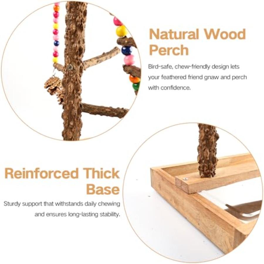 Bird Perch Play Stand Playground, Conure Parakeets Parrots Cockatiel Toys, for Bird Cage Accessories, Natural Wood