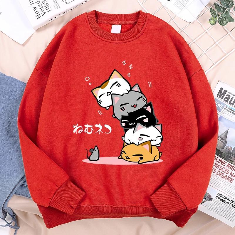 Stacked Cats Sleeping Don't See Mouse Мужская одежда Аниме-пуловеры с капюшоном Свободная флисовая толстовка Повседневная уличная одежда с круглым вырезом Пуловеры и длинные рукава мужские