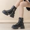 Модные лакированные кожаные ботильоны в стиле панк с металлической цепочкой, женские, зимние, 2024, новые, толстые, байкерские ботинки на платформе, женские, черные, готические, челси