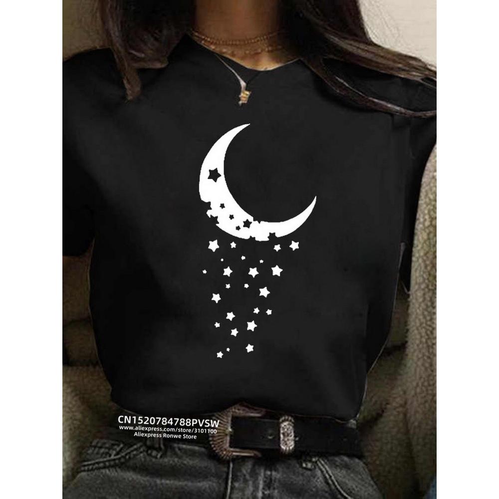 Women Moon Harajuku Funny 90s Girl T Shirt Cartoon Graphic Printed Black Ladies T-shirt Casual Woman Shirt Kawaii Tee Shirt