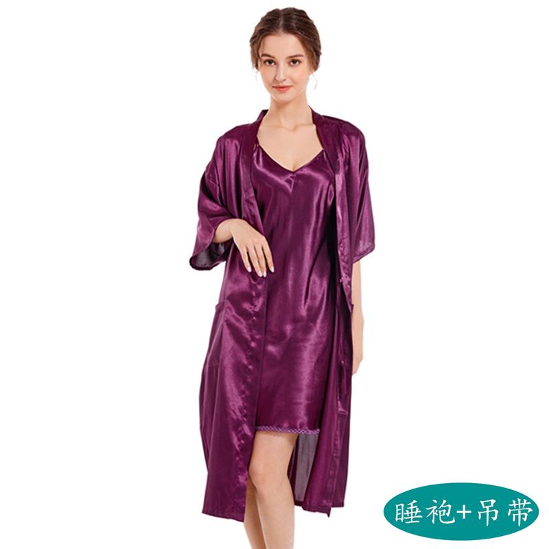 Женская домашняя одежда весна-осень средней длины, однотонная одежда для отдыха, сексуальный халат с V-образным вырезом, комплект из двух предметов, пижамная одежда из ледяного шелка