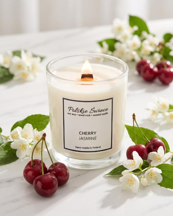 soy candle with a wooden wick + CHERRY JASMINE