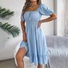 Women's Spring Summer Temperament Lace Up Solid Color High Waist Short Sleeve Pleated Dress