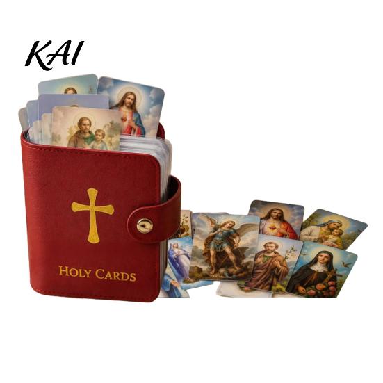Compact Religious Card Organizer Holy Holder, Faux Leather Prayer Book with Snap Closure, Pocket Group Accessory 54 Cards for Memorial Cards, Holds Up