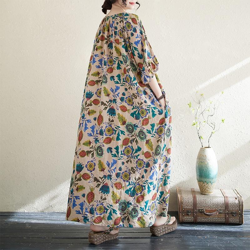 Dimanaf Новое женское летнее повседневное платье 2025 года с цветочным принтом больших размеров, винтажное длинное платье, свободное, базовое, плиссированное, макси