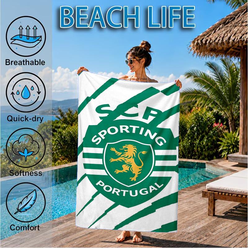 Пляжное полотенце с эмблемой Sporting Cp, Быстросохнущее, Легко ухаживать, Подходит как для занятий фитнесом, так и для пляжного отдыха, Спортивный незаменимый аксессуар