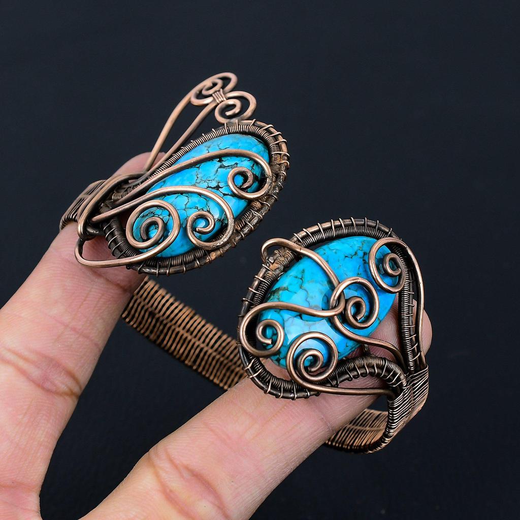 Charming Turquoise Gemstone Pure Copper Wire Wrapped Handmade Cuff/ Bangle Jewelry Adjustable