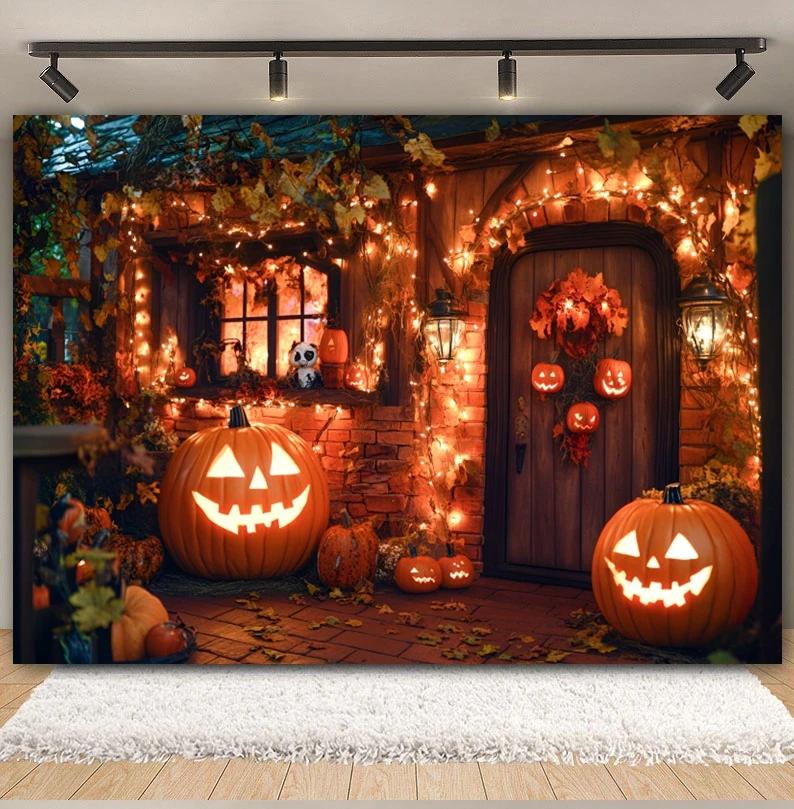 Horror Halloween Party Backdrop Pumpkin Lights Wooden House Halloween Adults Kids Portrait Photography Background Photo Studio1