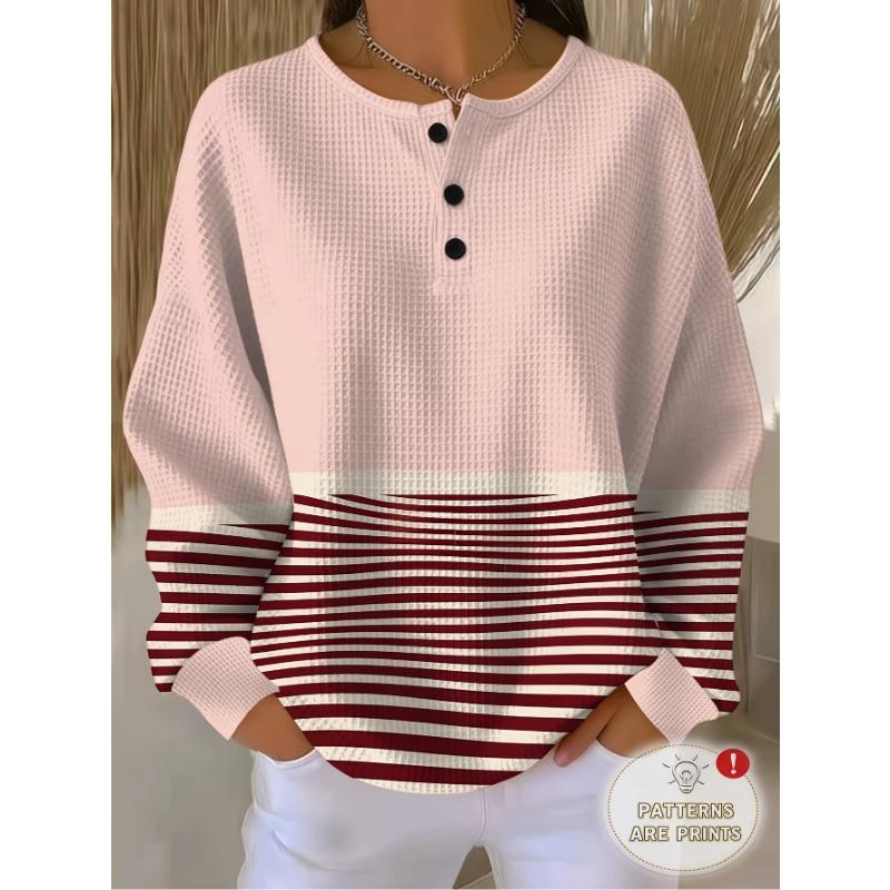 Women's Three-Button Henley Collar Waffle Long-Sleeve Top, Featuring a Contrasting Stripe Patchwork Design.