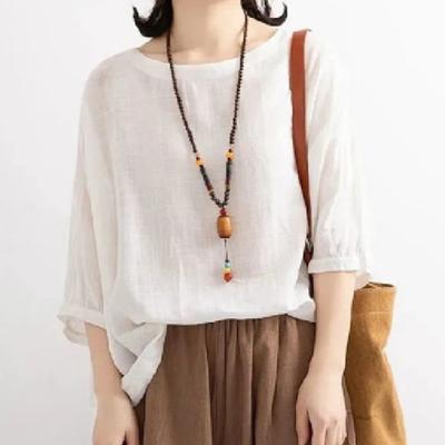 Блузка с коротким рукавом, дышащая хлопковая льняная женская рубашка «летучая мышь», подол, одежда для повседневного ношения