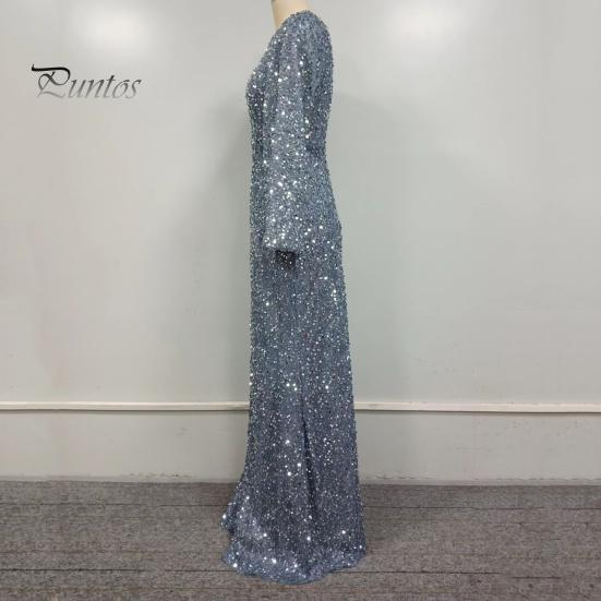 Женское вечернее платье с рукавами-колокольчиками, пайетками, А-силуэта, облегающего кроя, глубоким вырезом, V-образным вырезом, макси-платье со средней талией и застежкой-молнией сзади, выпускное платье