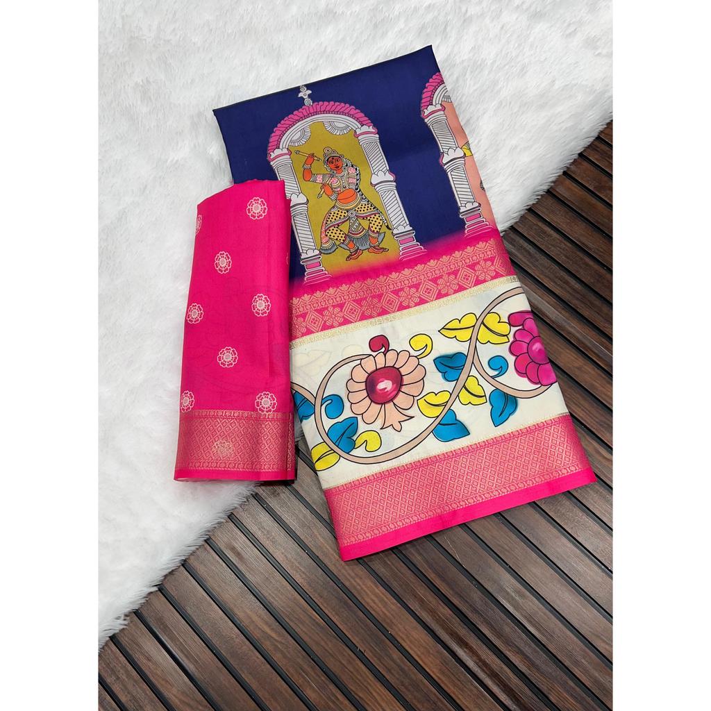 Pure Soft Lichi Silk Original Viscose Dayebal Jari Weveing Jaqucard Border Ultra HD High Quality 3D Pen Kalam Kari Printing Pallu