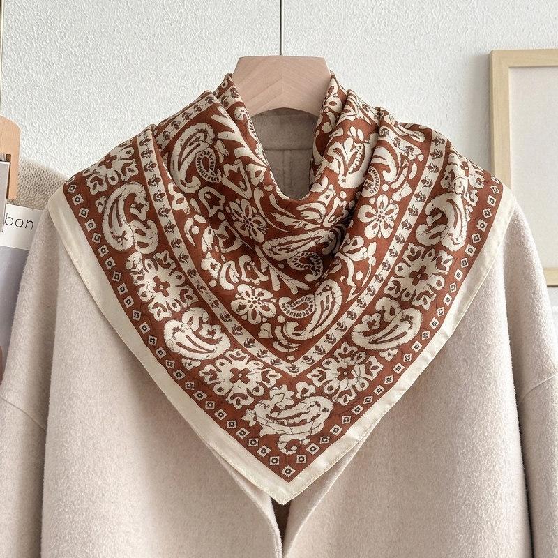 Spring and Autumn new cotton and linen small square scarf neck protection fashionable blue floral silk scarf scarf Japanese style cotton and linen ret