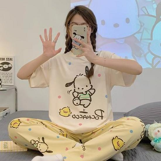 Женский летний мультяшный пижамный комплект - Круглый вырез, Короткий рукав, Легкие брюки для весны и осени