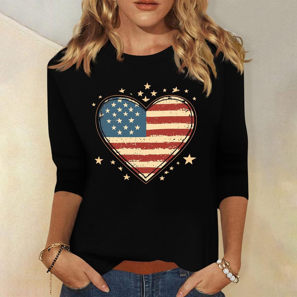 Women's Fashion Casual Round Neck 3/4 Sleeve Loose Independence Day Printed T-Shirt Ladies Top