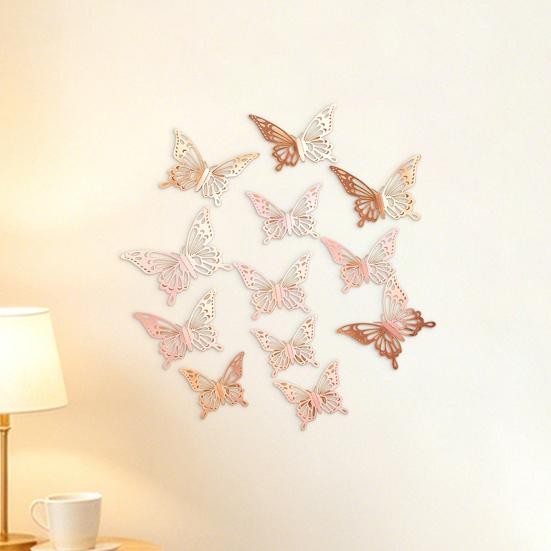 12 Pcs 3D Butterfly Wall Decor 3 Sizes Removable Hollow Mural Stickers for Bedroom Living Room Birthday Party Cake