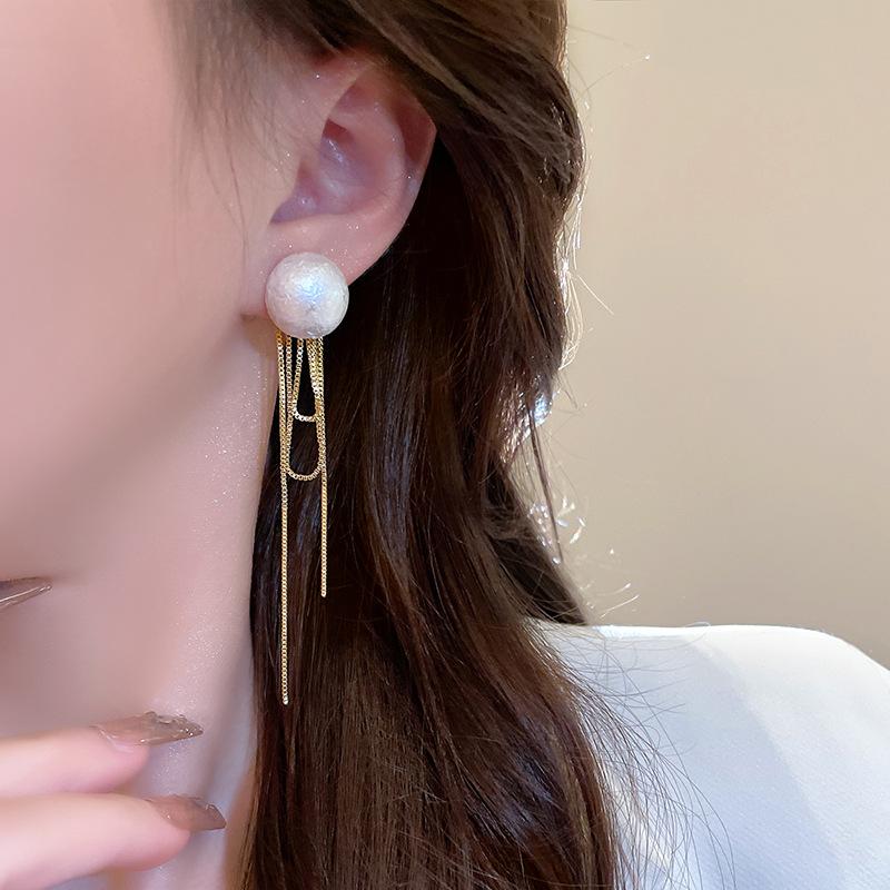 Korean Fashion Imitation Pearl Dangle Earrings Elegant Round Shape Chain Tassel Drop Earrings For Women Bridal Earrings Party Jewelry