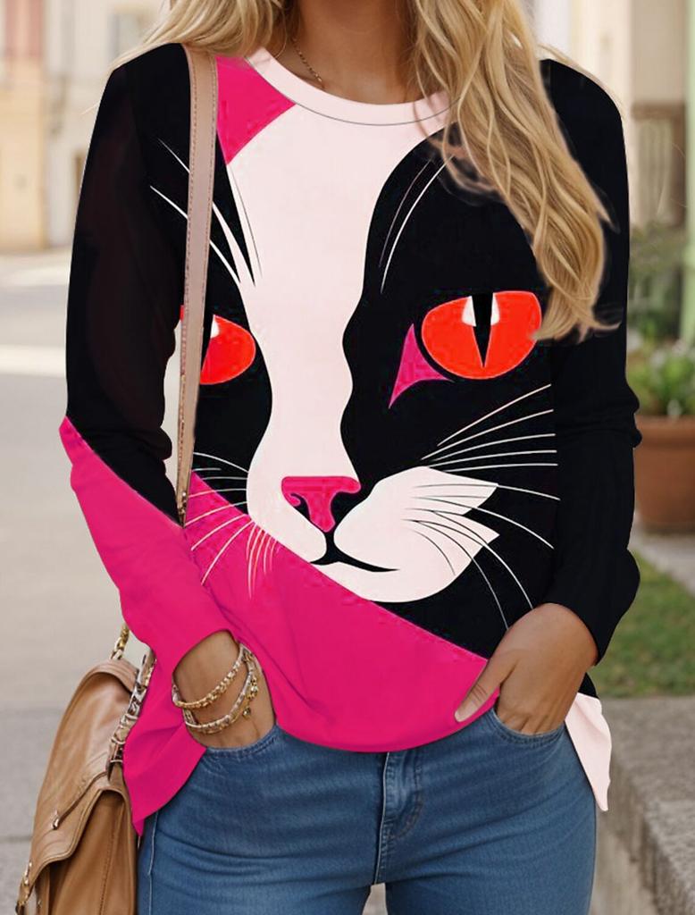 Women's T Shirts 3D Print Art Design Cat Pattern Long Sleeve Daily Weekend Fashion Funny Round Neck Regular Fit Spring & Fall