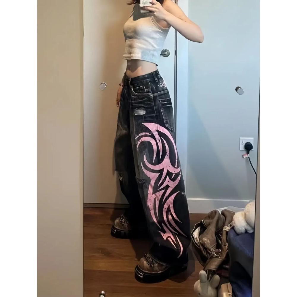 Женские джинсы с высокой талией и широкими штанинами Y2K American Vintage Mottled Totem Print Baggy Jeans, женские джинсы Harajuku Trendy Hip Hop Jeans