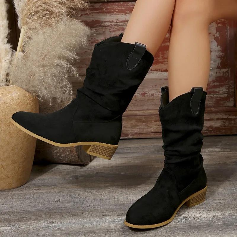 Female Shoes On Sale 2024 New Slip On Women's Boots Spring Autumn Pointed Toe Solid High Tube Chunky Heels Plus Size Boots