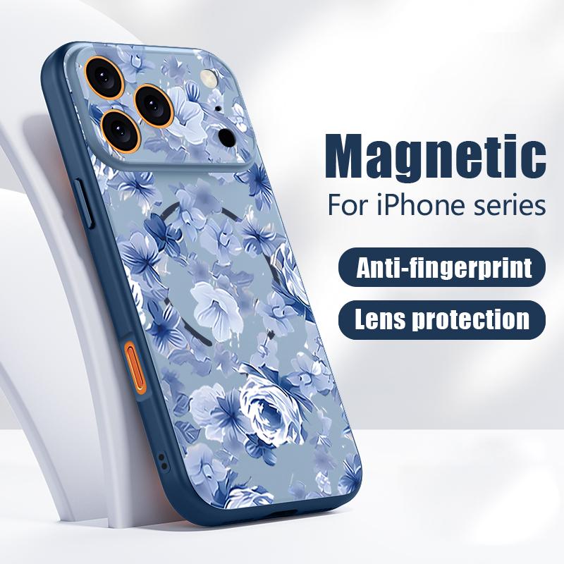 Магнитный Чехол Для Magsafe Для iPhone 17 Pro Max Синий Цветочный Узор Розы Покрытие с Ощущением Кожи Для iPhone 16 15 14 13 Pro Max
