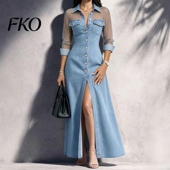 Polyester Dress Women Women's Sheer Mesh Long Sleeve Faux Denim Dress, Button Down Solid Color High Slit A-line Casual Party Going Out Outfits