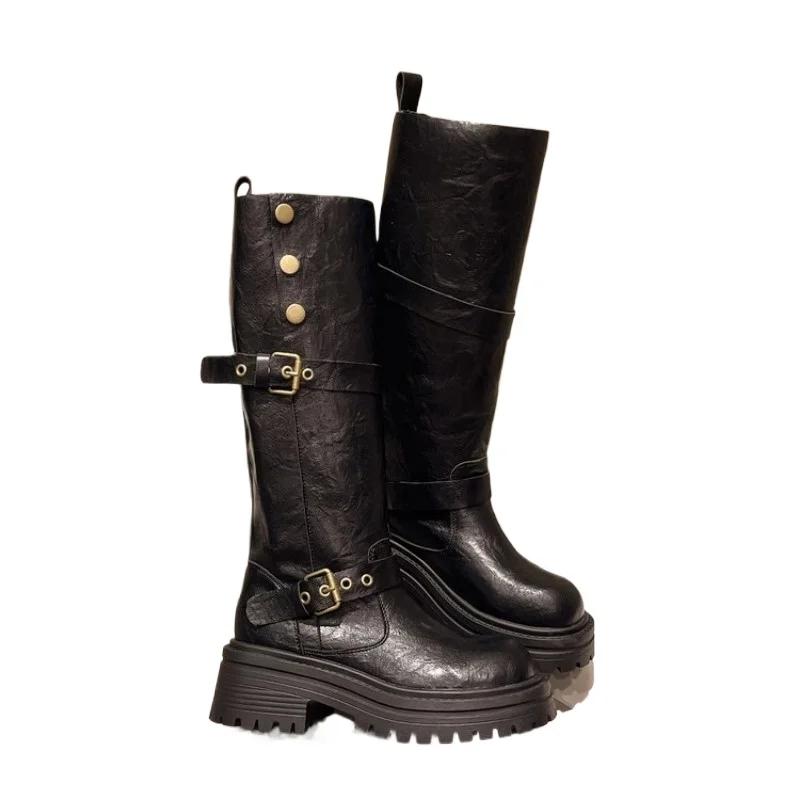 Винтажные зимние женские сапоги в стиле ковбойши, модные длинные сапоги с пряжкой на поясе, элегантные женские сапоги на толстом каблуке