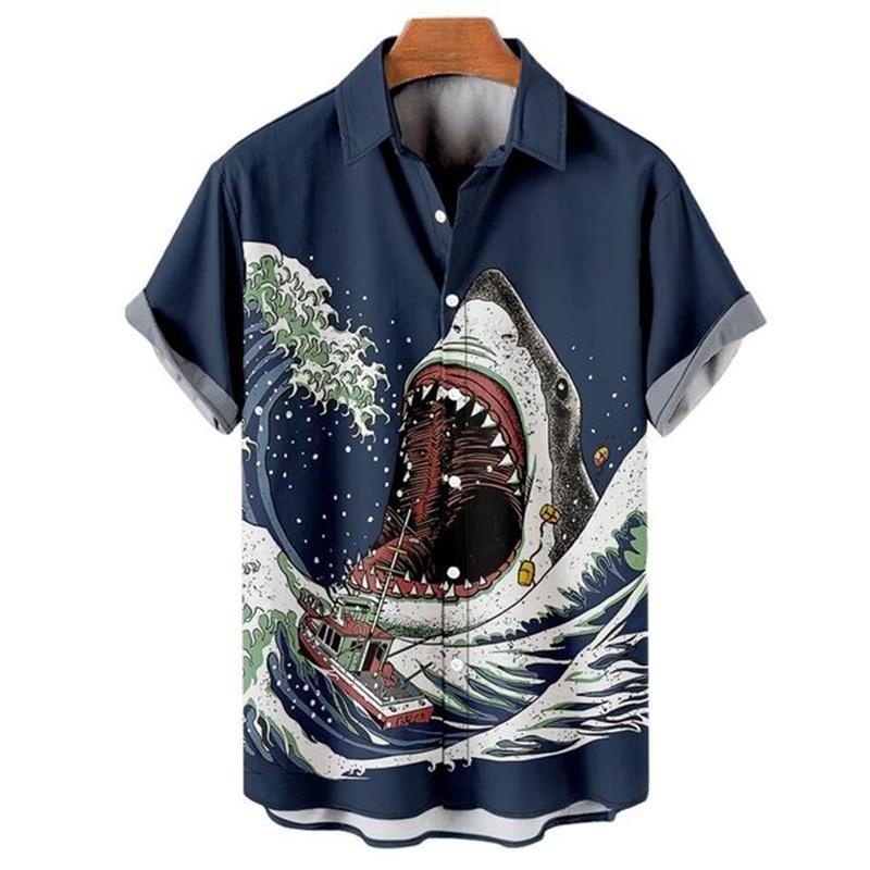 Men's Hawaiian Retro Waves Shirts 3D Printed Short Sleeves Casual Lapel Beach Style Tops Fashion Versatile Style Clothing