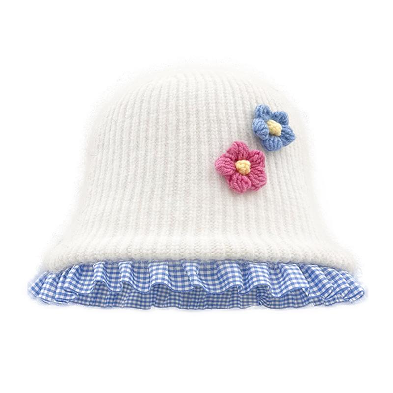 Милая плюшевая шляпа-ведро с цветком, женская осенне-зимняя теплая универсальная вязаная шапка с изображением лица, маленькая шерстяная шапка прилив