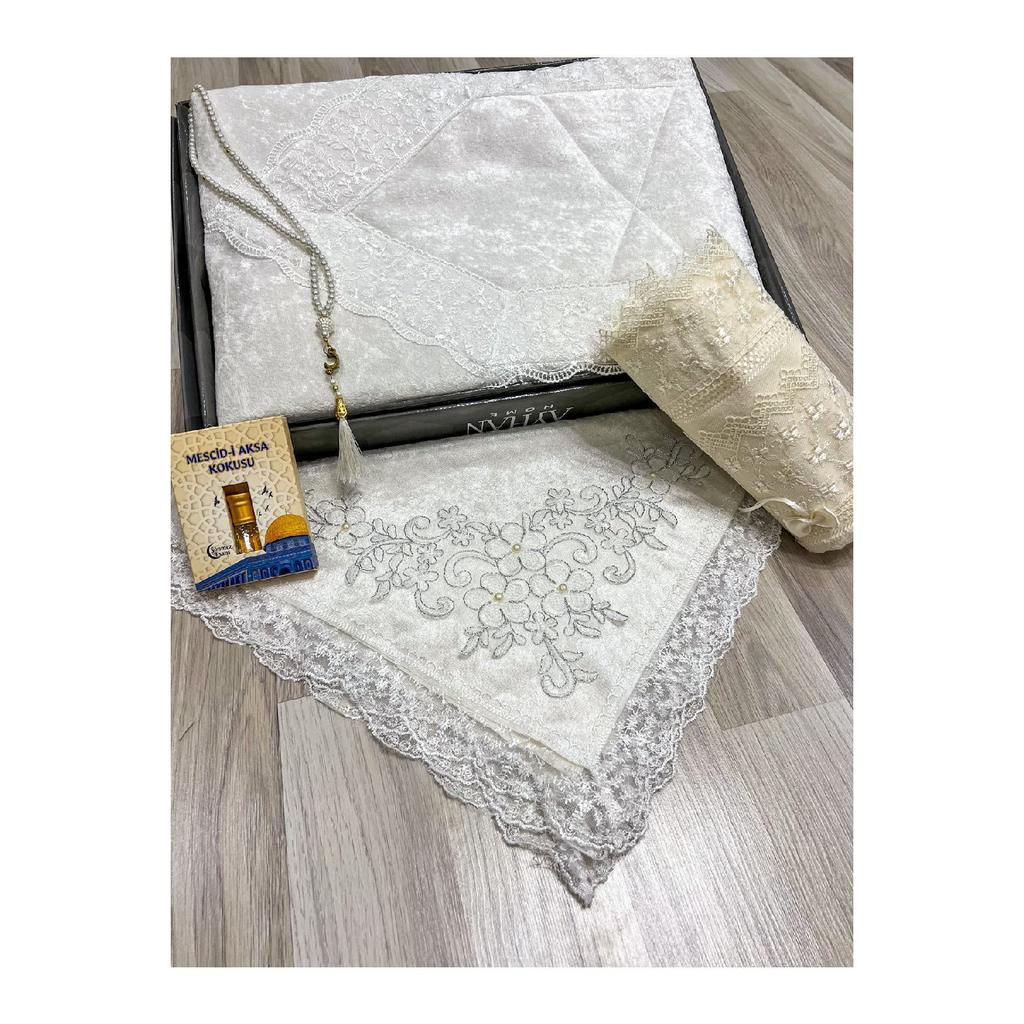 5 Piece Prayer Mat Set, Dowry Bundle Boxed, Velvet Laced Bride And Groom Set