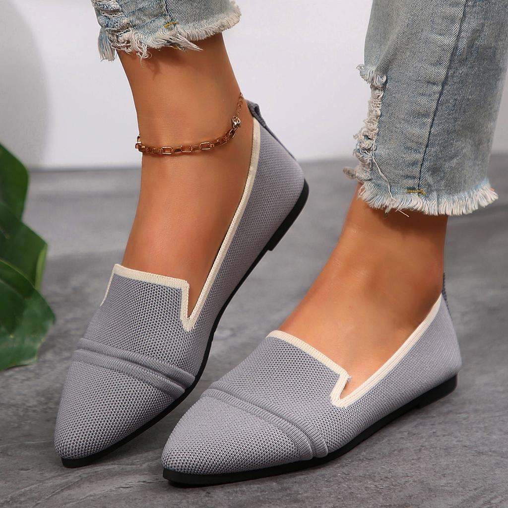 Women's Pointed Toe Flat Shoes Solid Color Knitted Slip On Shoes Casual Breathable Flats Women Flat Loafers Comfort Ladies Shoes