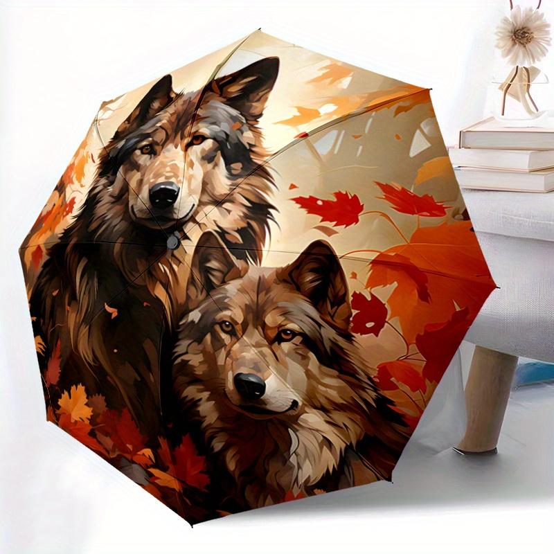 1pc Autumnal Wolves Cartoon Umbrella,Compact Umbrella, Suitable for Camping, Ideal Easter Birthday Gift for Family and Friends.C036