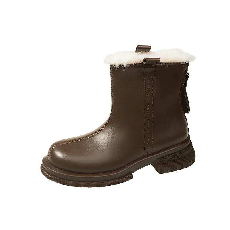 Зимние теплые модные женские ботинки. Новинка 2024 года: водонепроницаемые нескользящие коричневые полусапожки. Простые и универсальные женские ботинки на платформе на молнии.