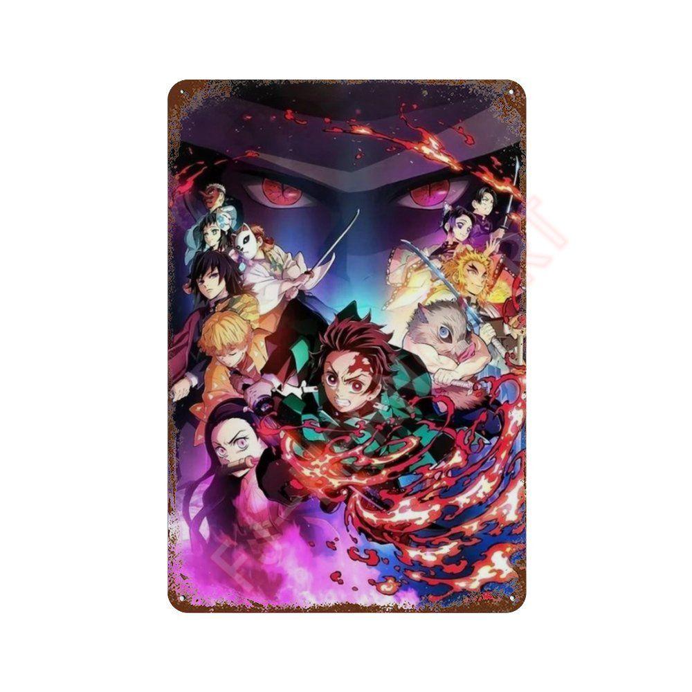 Classic Pop Anime Demon Slayer Kyojuro Rengoku Art Poster Metal Tin Sign Plaque Wall Plates for Living Room Modern Home Decor